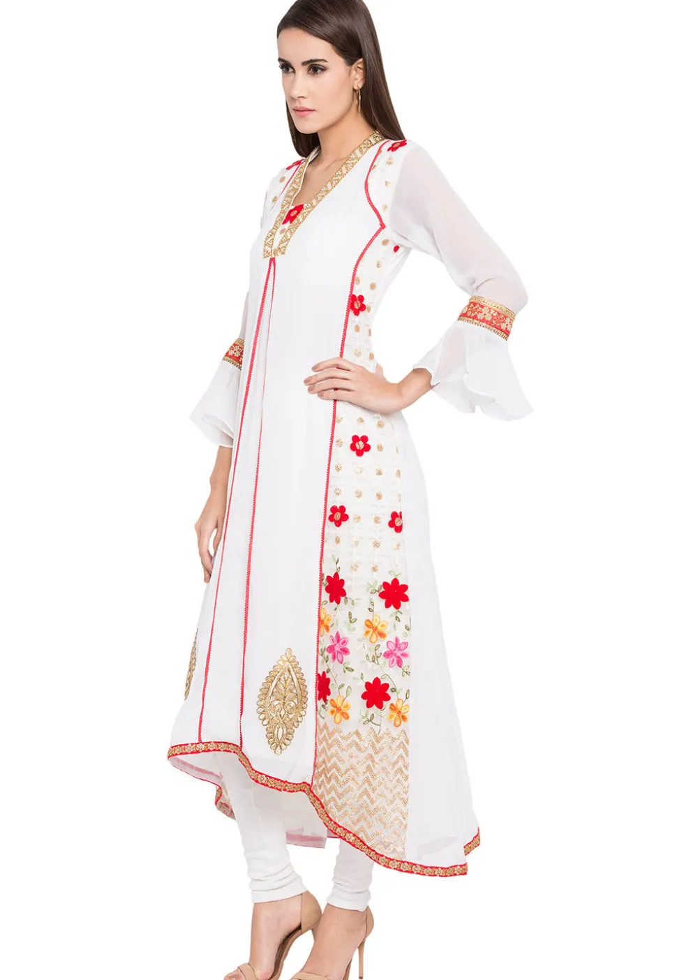 Embroidered Georgette Asymmetic Kurta in Off White