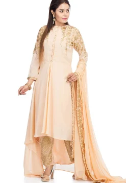 Embroidered Georgette Asymmetric Pakistani Suit in Light Peach