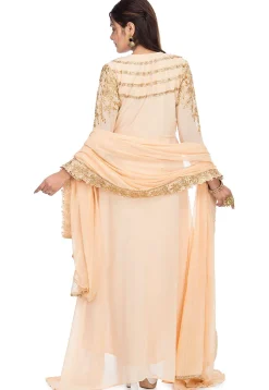 Embroidered Georgette Asymmetric Pakistani Suit in Light Peach