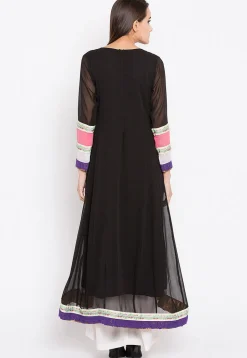 Embroidered Georgette Asymmetrical Style Kurta in Black