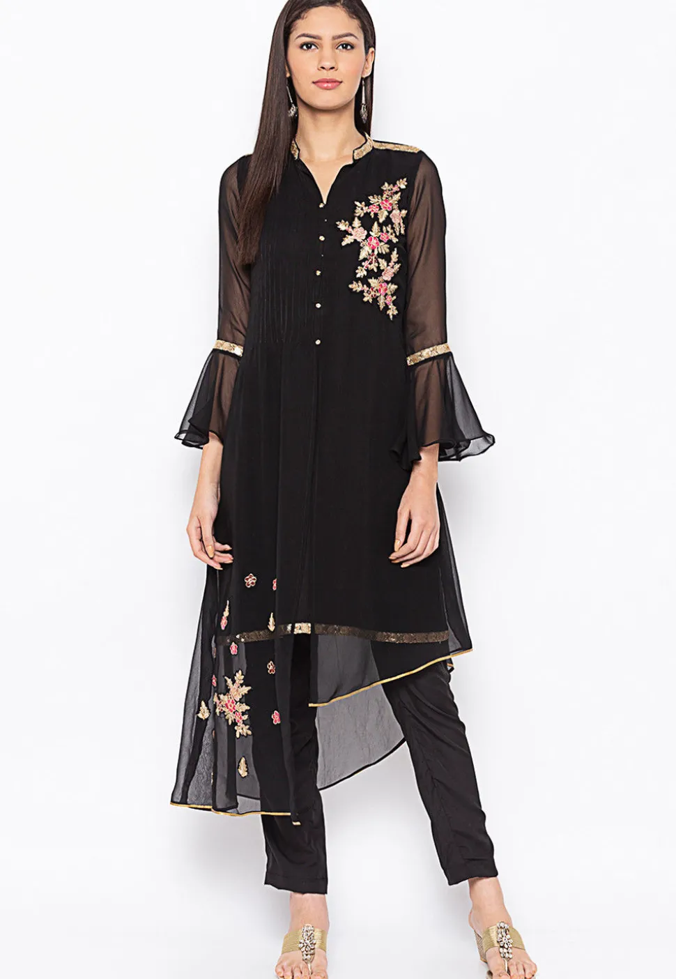 Embroidered Georgette Asymmetric Kurta in Black
