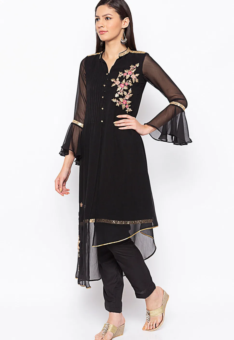 Embroidered Georgette Asymmetric Kurta in Black