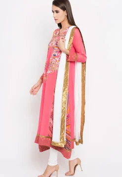 Embroidered Georgette Asymmetric Anarkali Suit in Pink