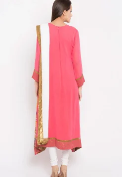 Embroidered Georgette Asymmetric Anarkali Suit in Pink