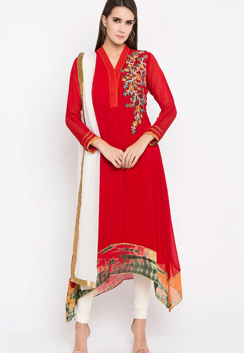 Embroidered Georgette Asymmetric Anarkali Suit in Red