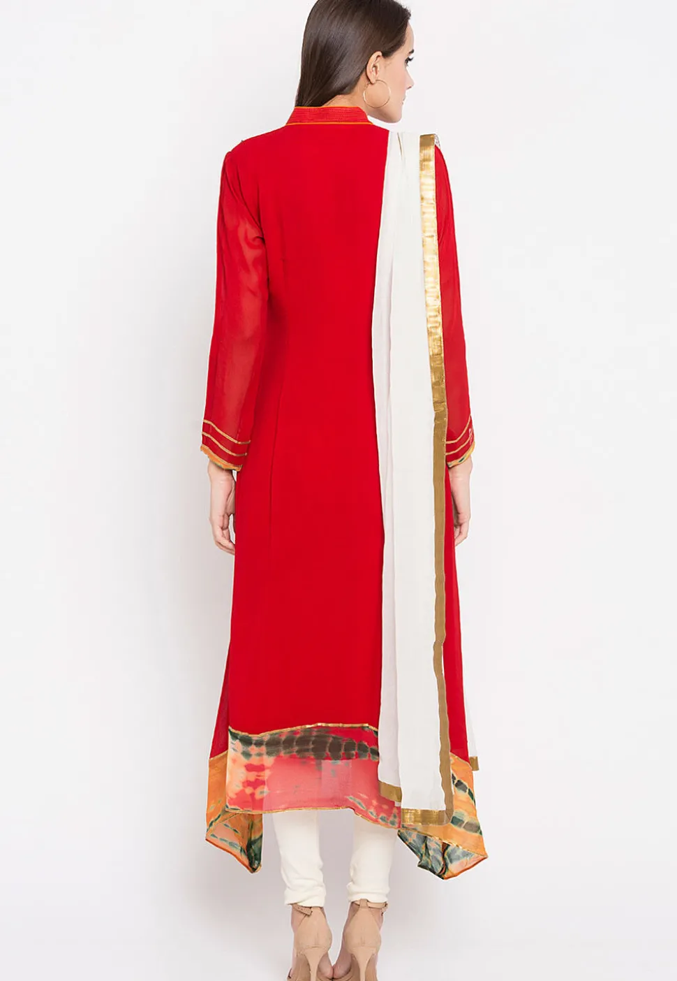 Embroidered Georgette Asymmetric Anarkali Suit in Red