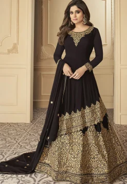 Embroidered Georgette Asymmetric Lehenga in Black