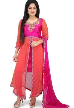 Embroidered Georgette Asymmetric Suit in Peach and Fuchsia