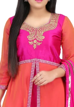 Embroidered Georgette Asymmetric Suit in Peach and Fuchsia
