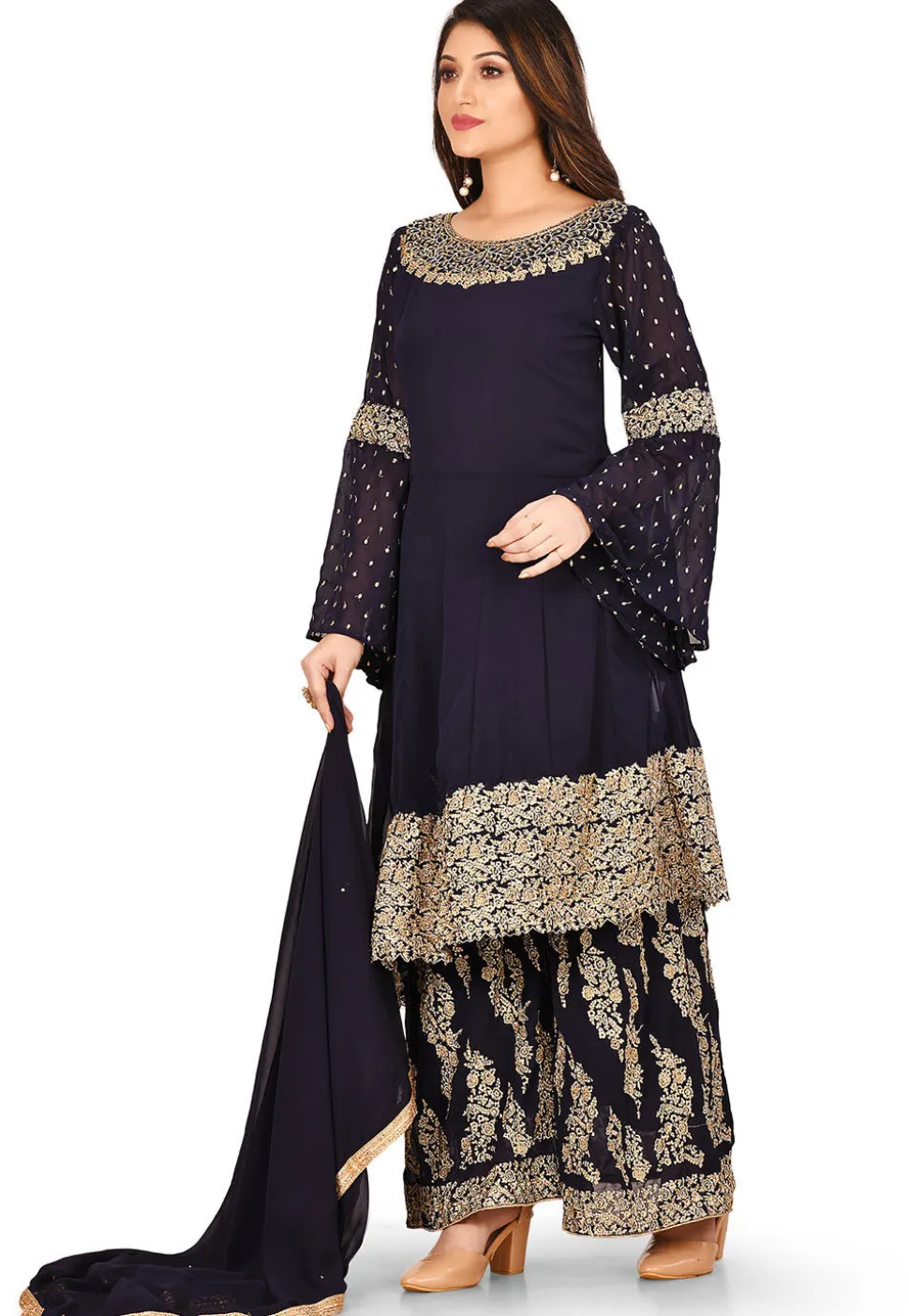 Embroidered Georgette Asymmetric Pakistani Suit in Navy Blue