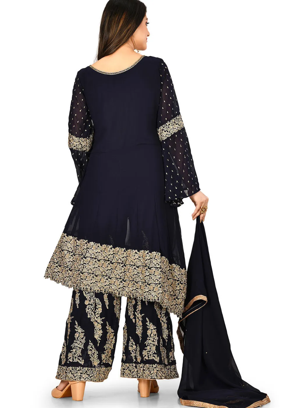 Embroidered Georgette Asymmetric Pakistani Suit in Navy Blue