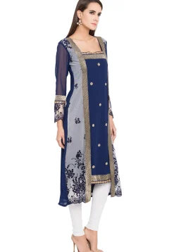 Embroidered Georgette Asymmetic Kurta in Blue and Off White