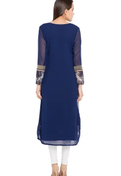 Embroidered Georgette Asymmetic Kurta in Blue and Off White