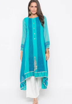 Embroidered Georgette Asymmetric Anarkali Kurta in Blue