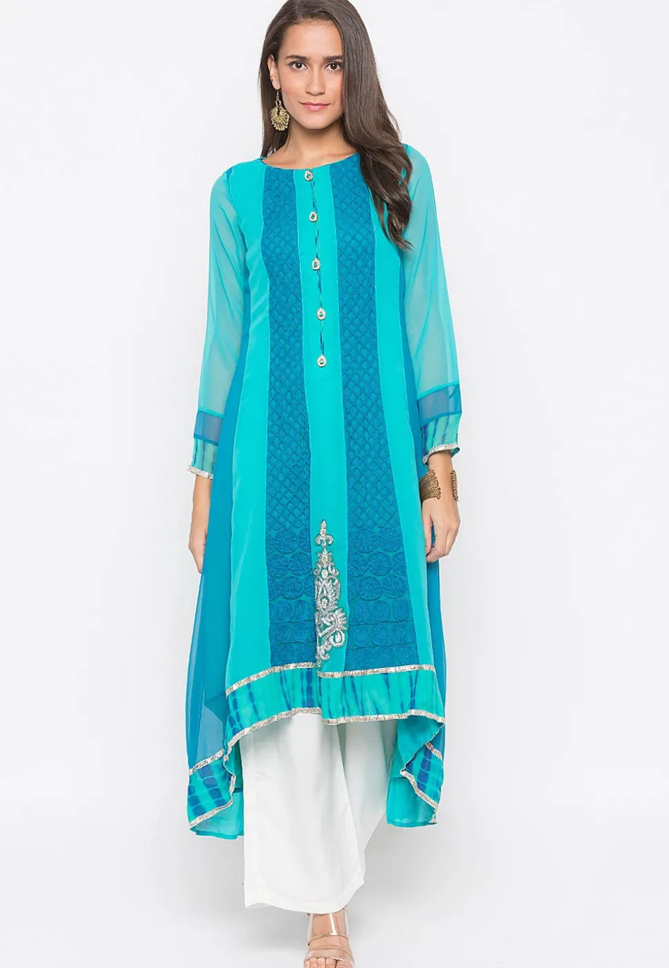Embroidered Georgette Asymmetric Anarkali Kurta in Blue