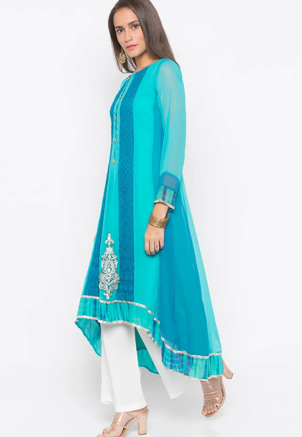 Embroidered Georgette Asymmetric Anarkali Kurta in Blue