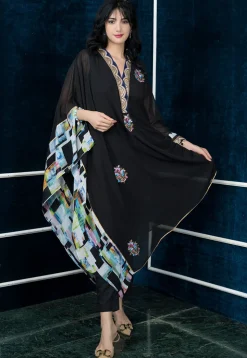 Embroidered Georgette Asymmetric Kurta in Black