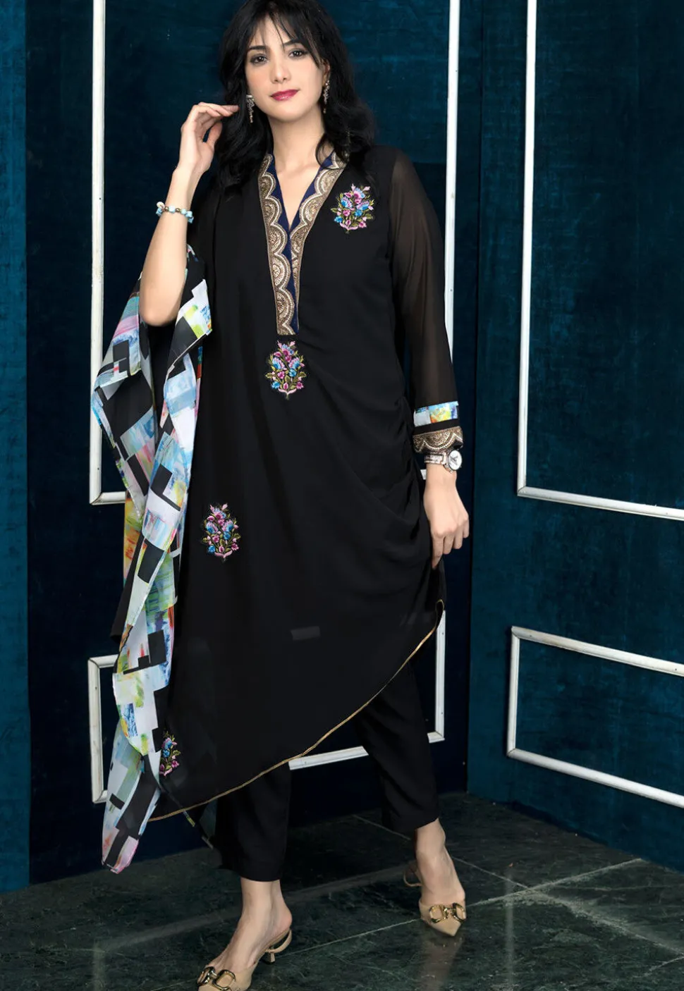 Embroidered Georgette Asymmetric Kurta in Black