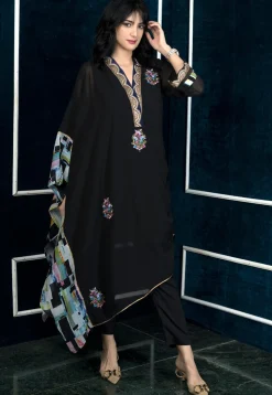 Embroidered Georgette Asymmetric Kurta in Black