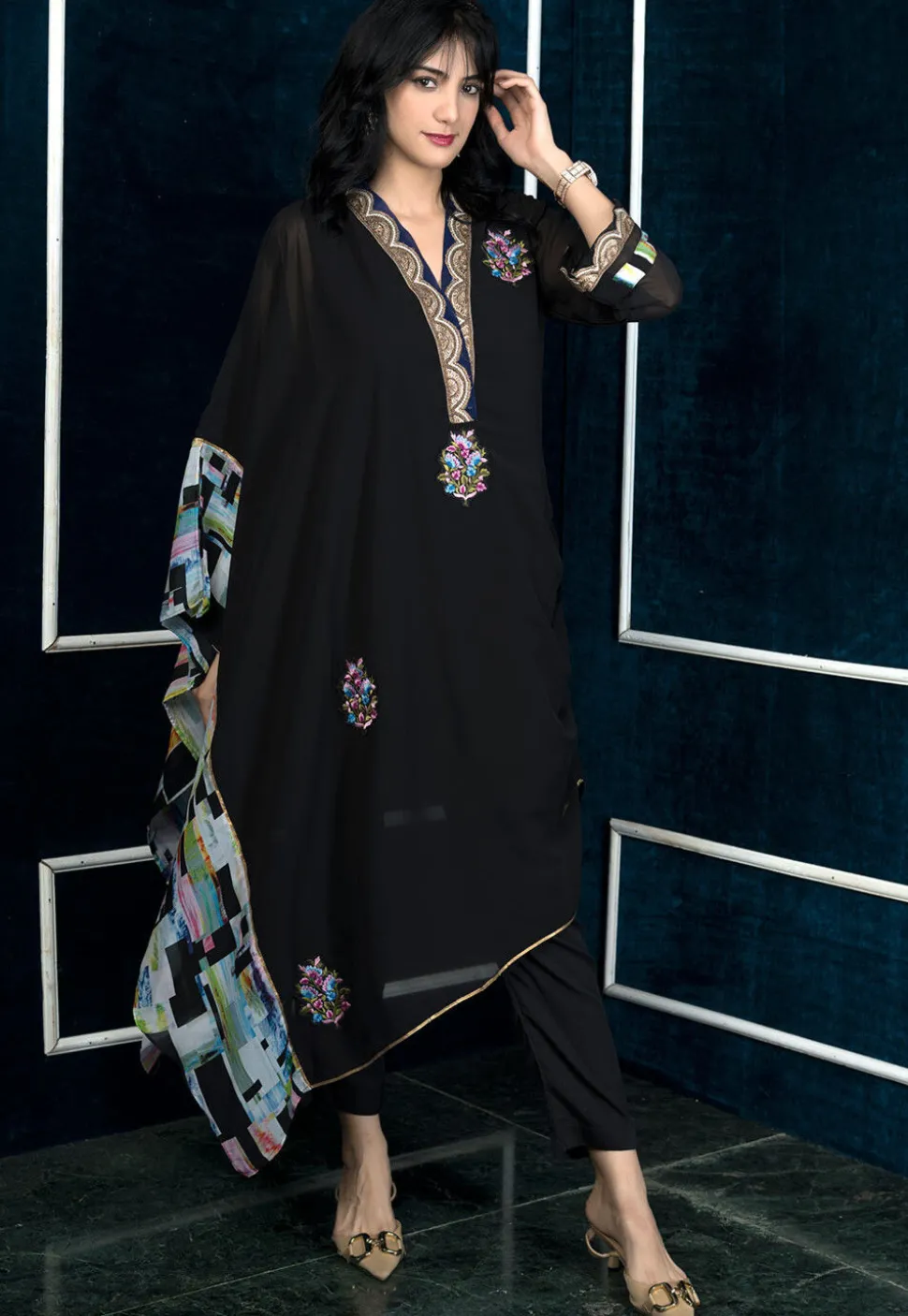 Embroidered Georgette Asymmetric Kurta in Black