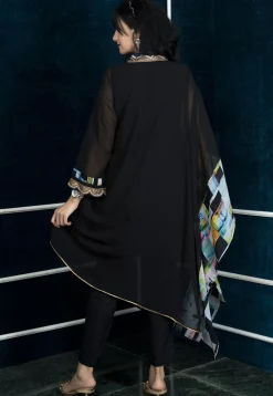 Embroidered Georgette Asymmetric Kurta in Black