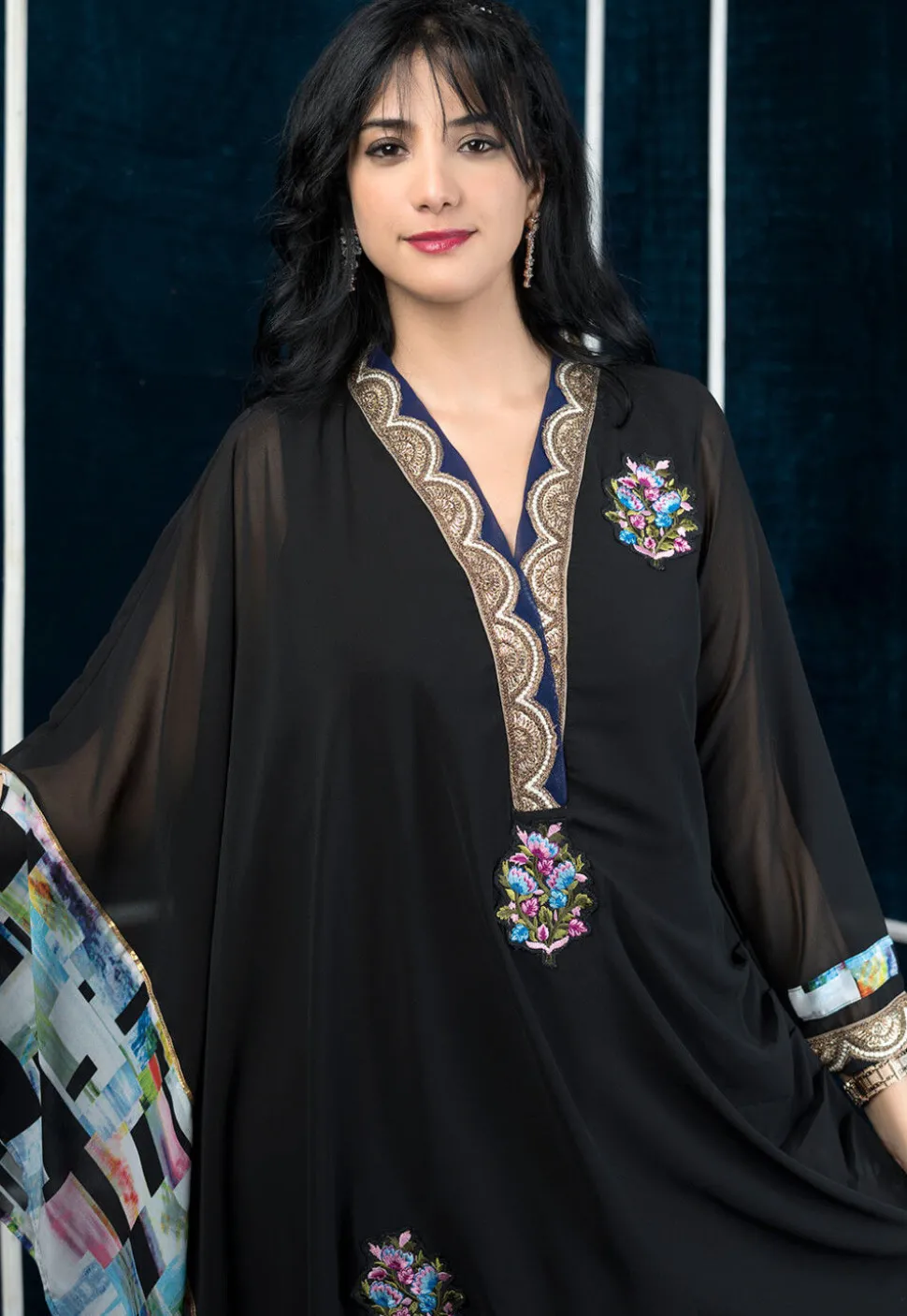 Embroidered Georgette Asymmetric Kurta in Black