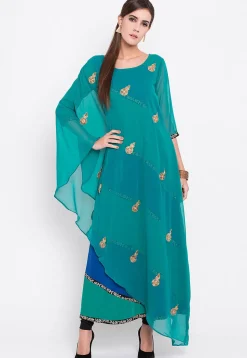 Embroidered Georgette Asymmetrical Style Kurta in Blue