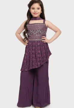 Embroidered Georgette Asymmetric Pakistani Suit in Purple
