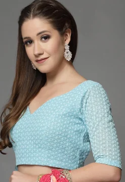 Embroidered Georgette Back Cut Out Blouse in Sky Blue