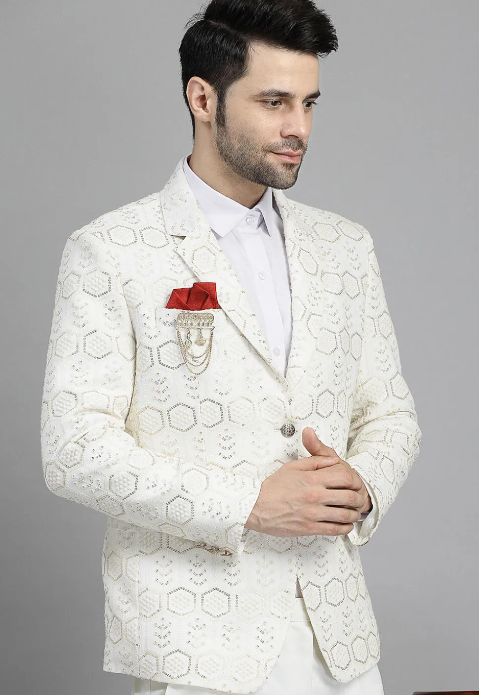 Embroidered Georgette Blazer in Off White