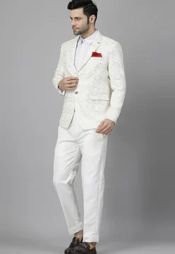 Embroidered Georgette Blazer Set in Off White