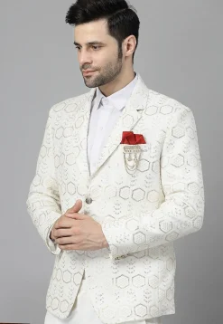 Embroidered Georgette Blazer Set in Off White
