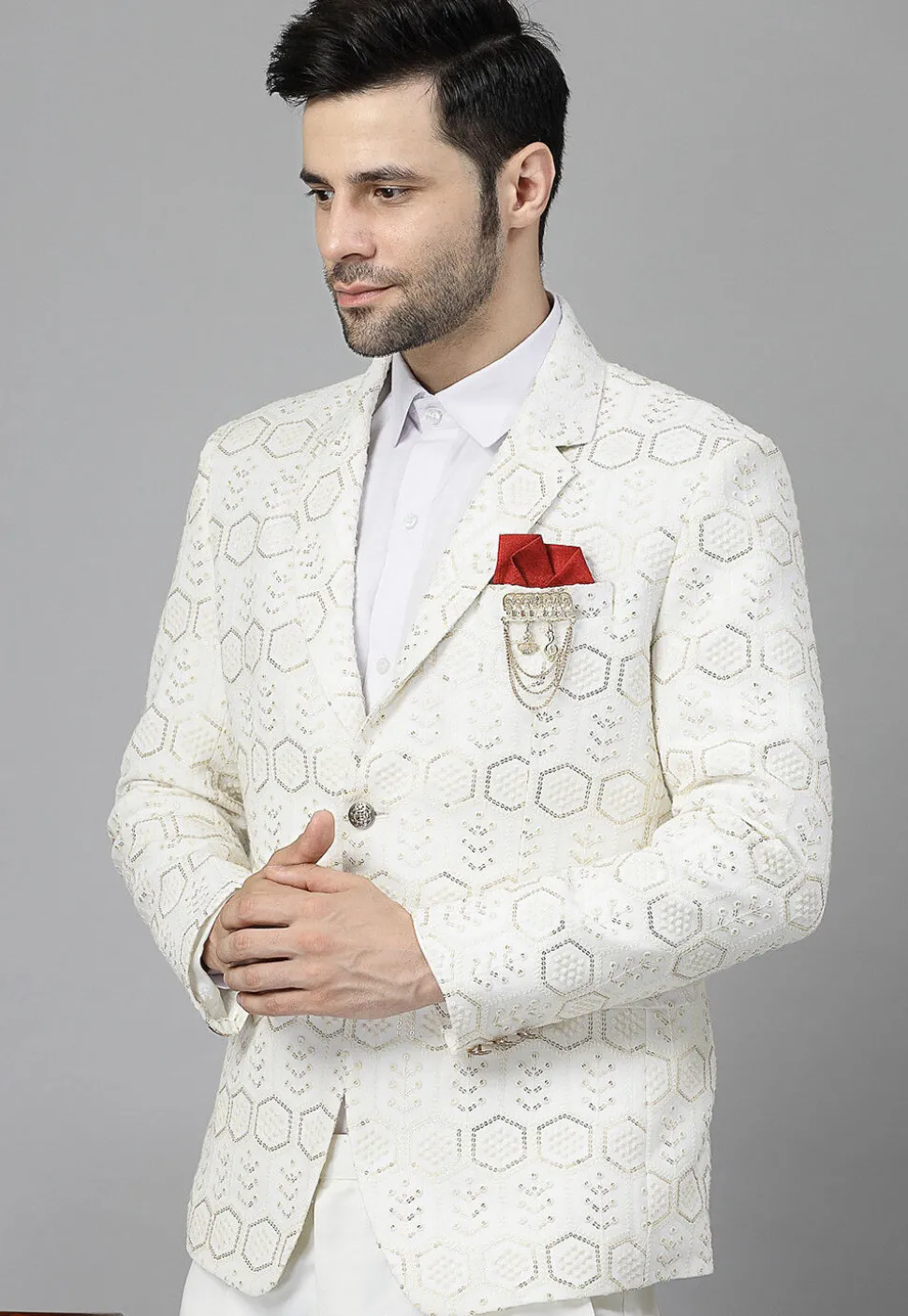 Embroidered Georgette Blazer Set in Off White