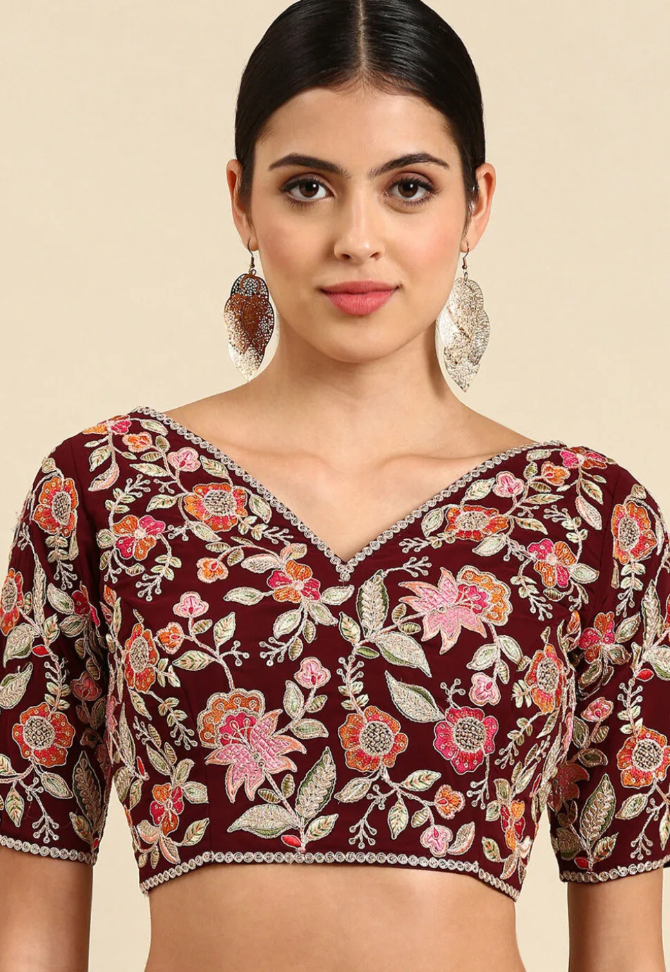 Embroidered Georgette Blouse in Maroon