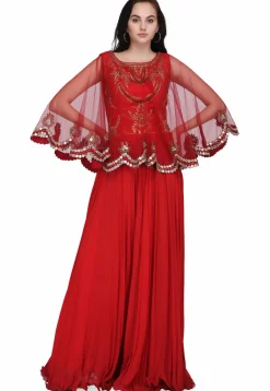 Embroidered Georgette Cape Style Gown in Red