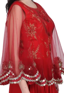 Embroidered Georgette Cape Style Gown in Red
