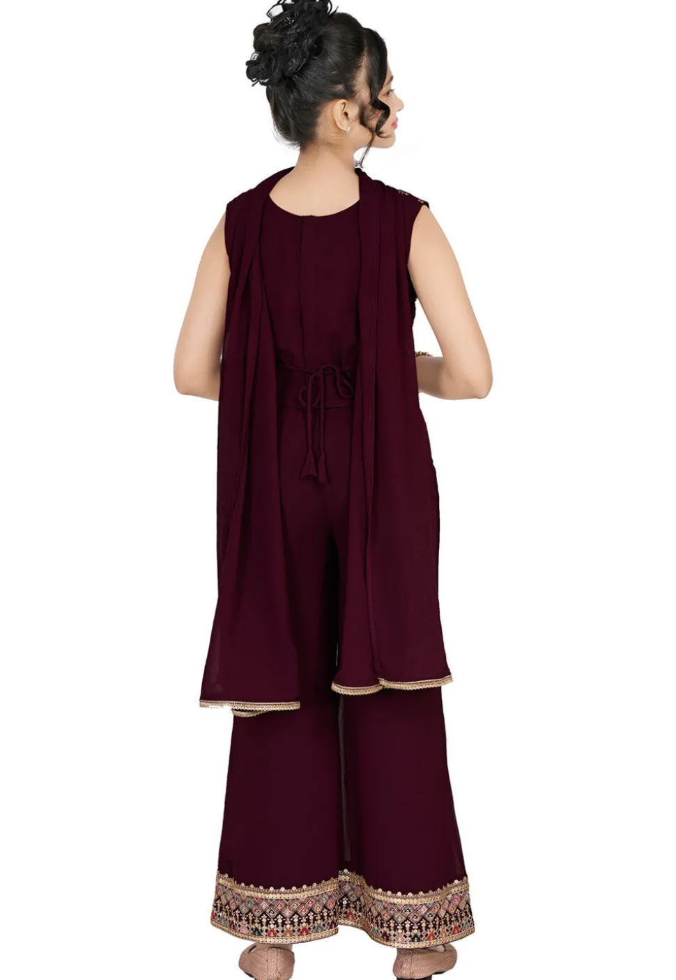 Embroidered Georgette Crop Top Set in Wine