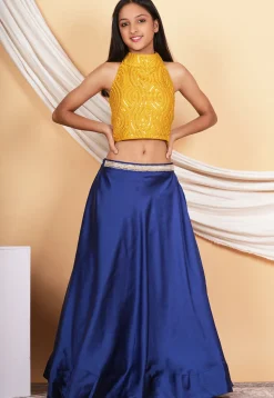 Embroidered Georgette Crop Top Set in Mustard