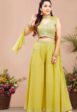 Embroidered Georgette Crop Top Set in Yellow