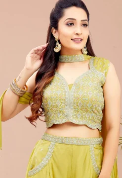 Embroidered Georgette Crop Top Set in Yellow