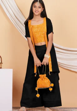 Embroidered Georgette Crop Top Set in Orange and Black