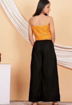 Embroidered Georgette Crop Top Set in Orange and Black