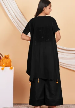 Embroidered Georgette Crop Top Set in Orange and Black