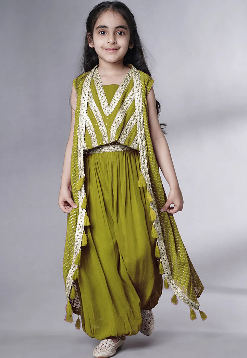 Embroidered Georgette Crop Top Set in Olive Green