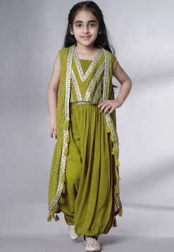 Embroidered Georgette Crop Top Set in Olive Green