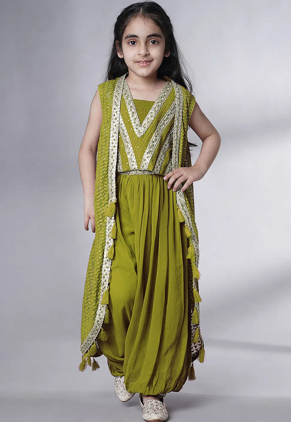 Embroidered Georgette Crop Top Set in Olive Green