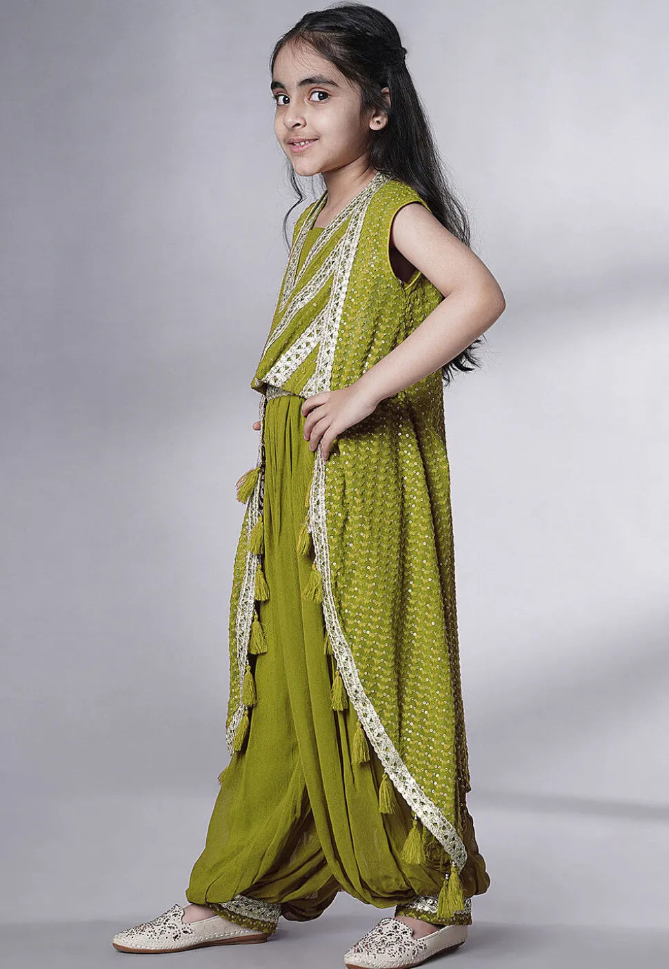 Embroidered Georgette Crop Top Set in Olive Green