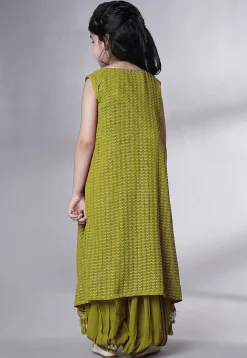 Embroidered Georgette Crop Top Set in Olive Green