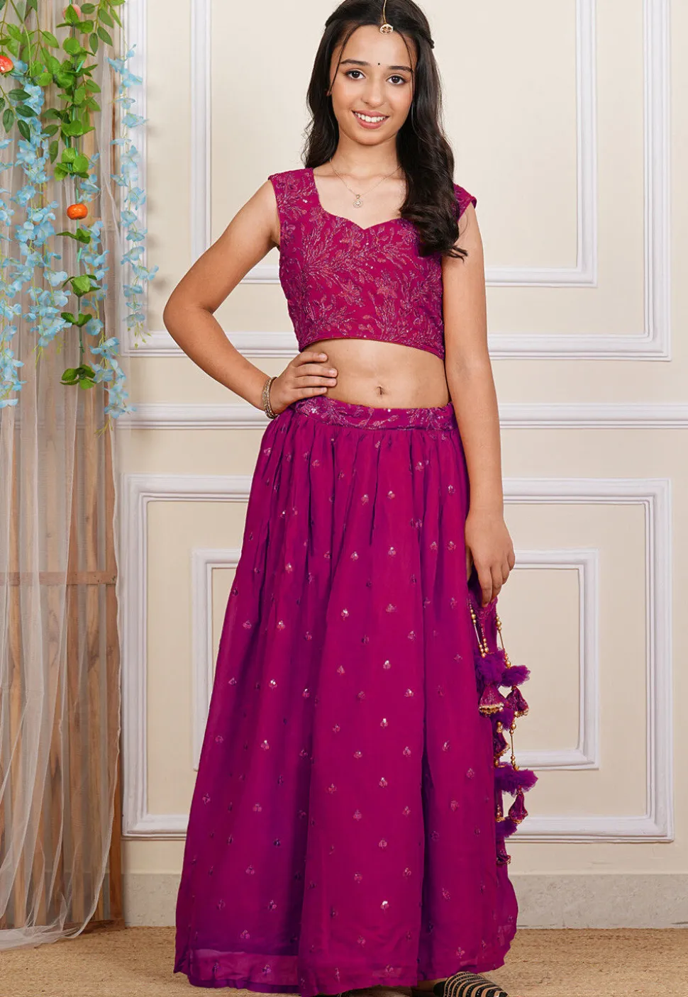 Embroidered Georgette Crop Top Set in Fuchsia