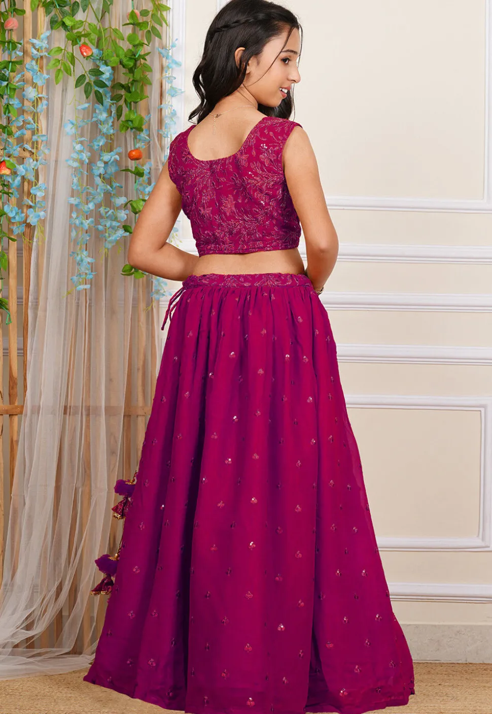Embroidered Georgette Crop Top Set in Fuchsia
